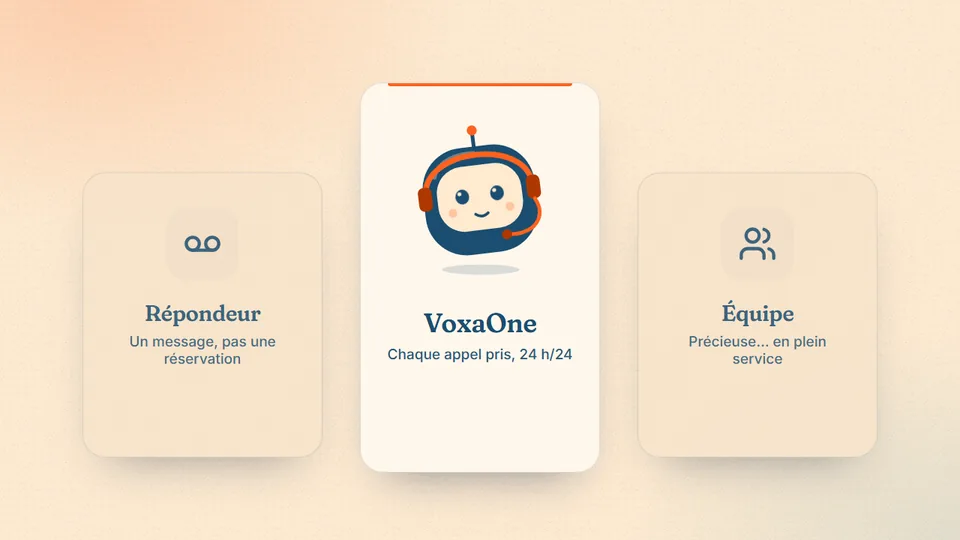 Illustration : répondeur, VoxaOne et équipe côte à côte