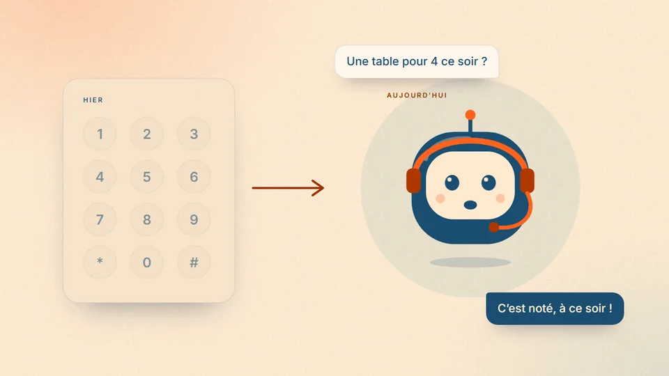 Illustration : un clavier de standard téléphonique d’hier, puis Voxa qui répond à « Une table pour 4 ce soir ? »