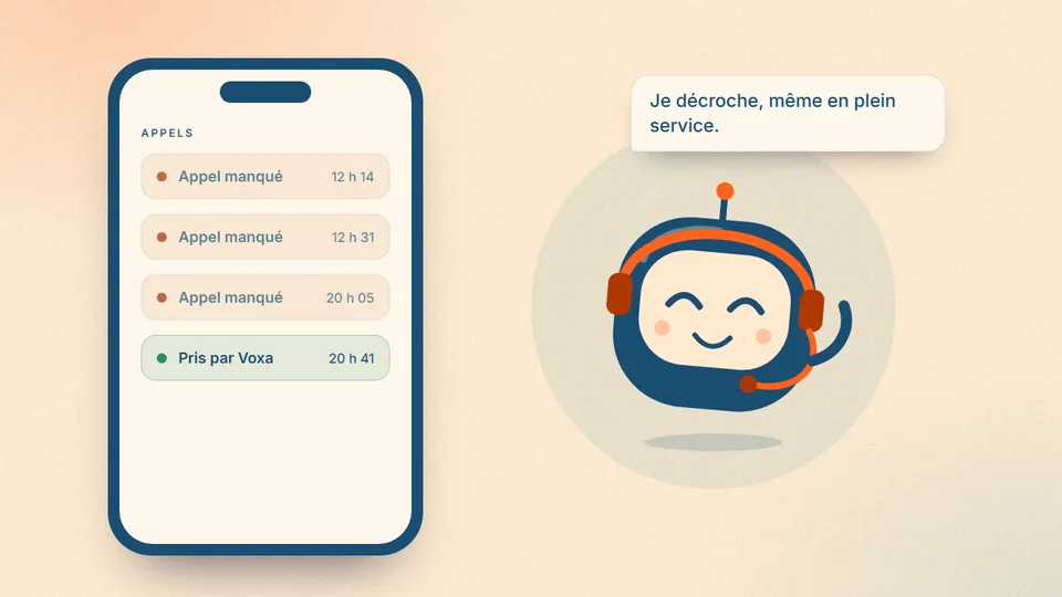 Illustration : un téléphone affichant trois appels manqués, puis un appel pris par Voxa