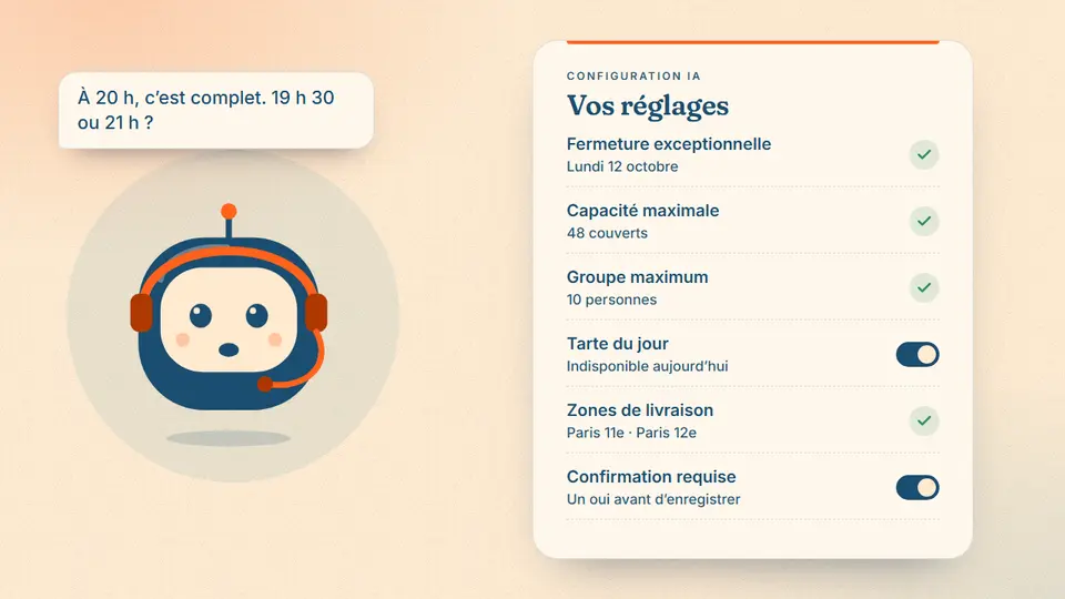 Illustration : Voxa propose deux autres heures à un client, à côté de la liste des réglages du restaurant