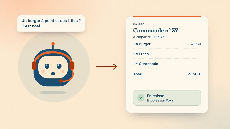 Illustration : Voxa prend une commande au téléphone, qui arrive en caisse avec la mention « En caisse »
