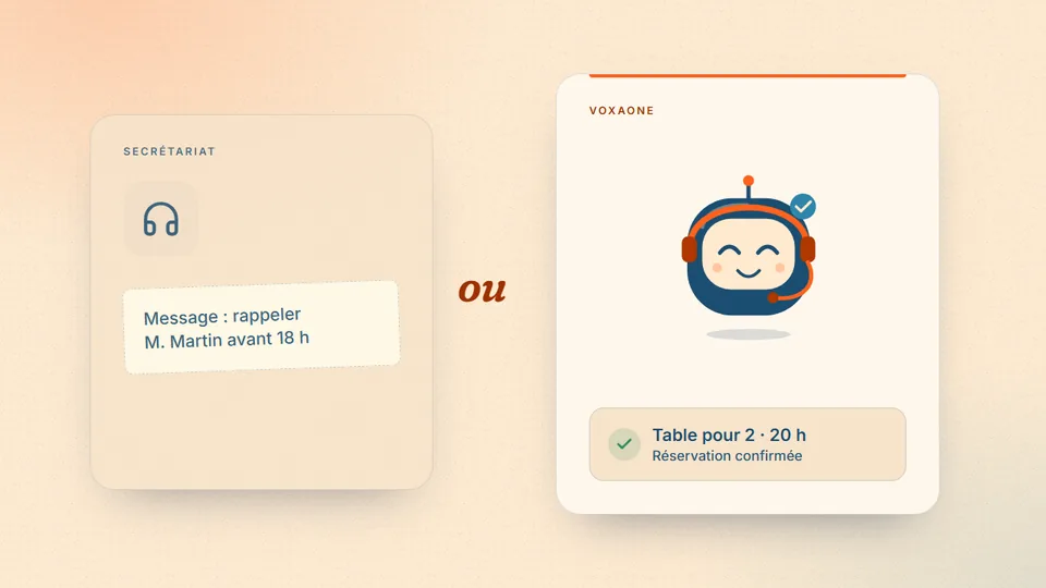 Illustration : un message à rappeler du secrétariat, face à une réservation confirmée par Voxa